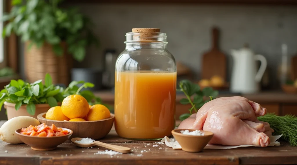 The Best Chicken Bone Broth Recipe – Simple and Delicious 3 Ingredients for making chicken broth: raw chicken, broth in jars, herbs, spices, and vegetables.