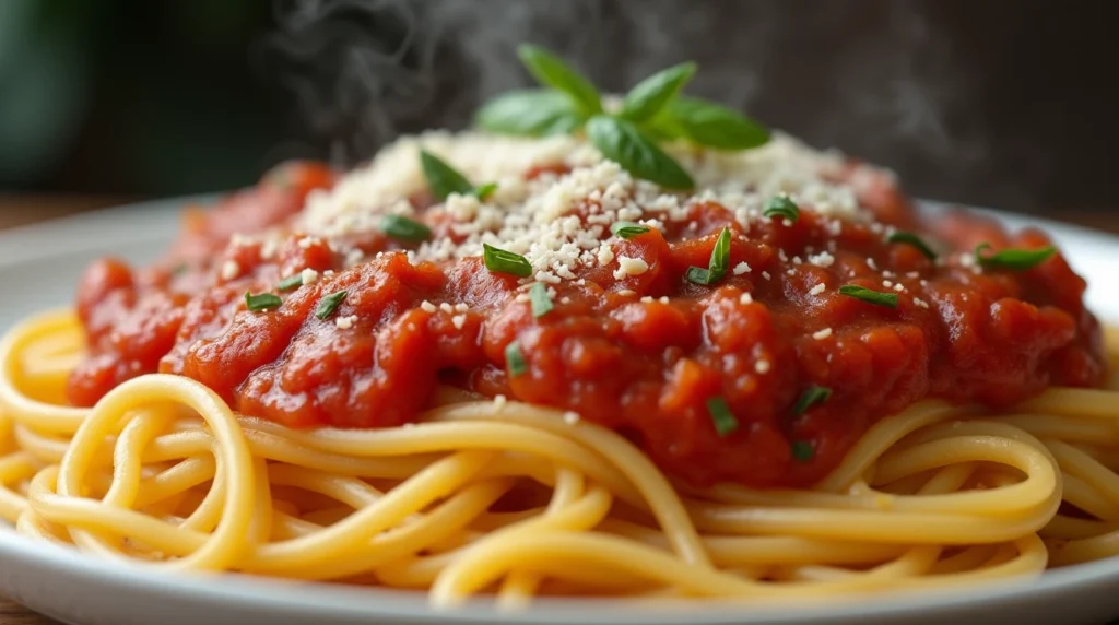 spaghettini Pasta vs. Spaghetti: The Key Difference You Need to Know 3 Appetizing spaghetti dish with vibrant red sauce and green basil garnish.