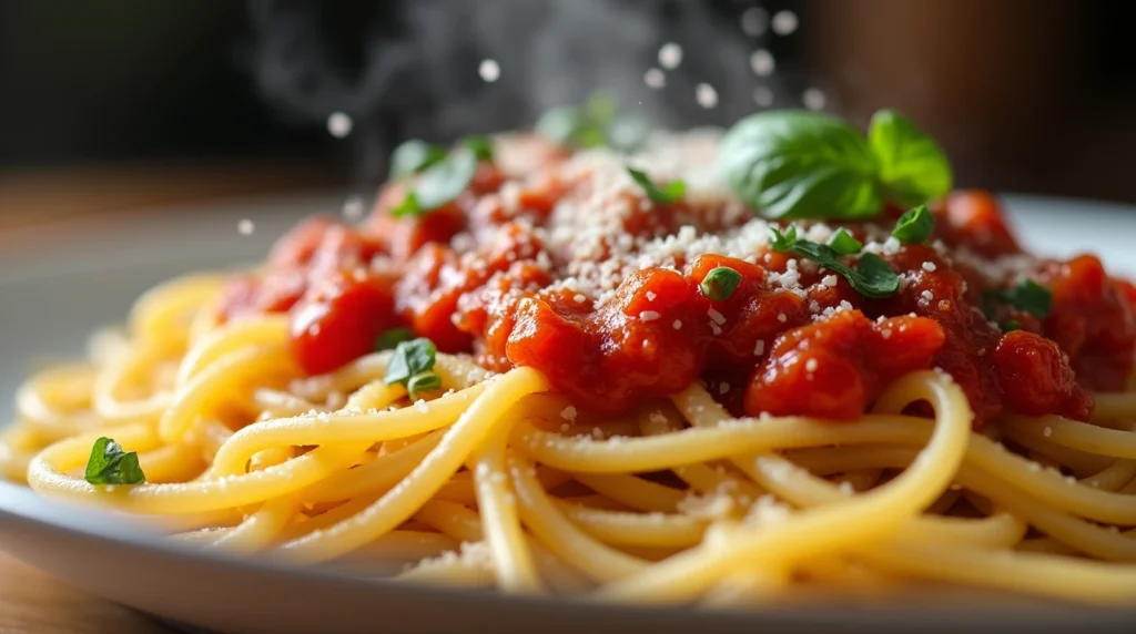 spaghettini Pasta vs. Spaghetti: The Key Difference You Need to Know 2 Close-up of spaghetti topped with a rich red sauce, herbs, and cheese.