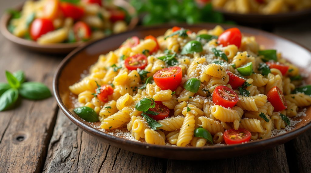 10 Delicious Recipes Using Pepe or Orzo Pasta 2 Rotini pasta with cherry tomatoes, basil, and parmesan cheese on a rustic wooden plate.