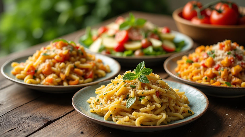 10 Delicious Recipes Using Pepe or Orzo Pasta 3 Plates of various pasta dishes with herbs, cherry tomatoes, and cheese on a wooden table.