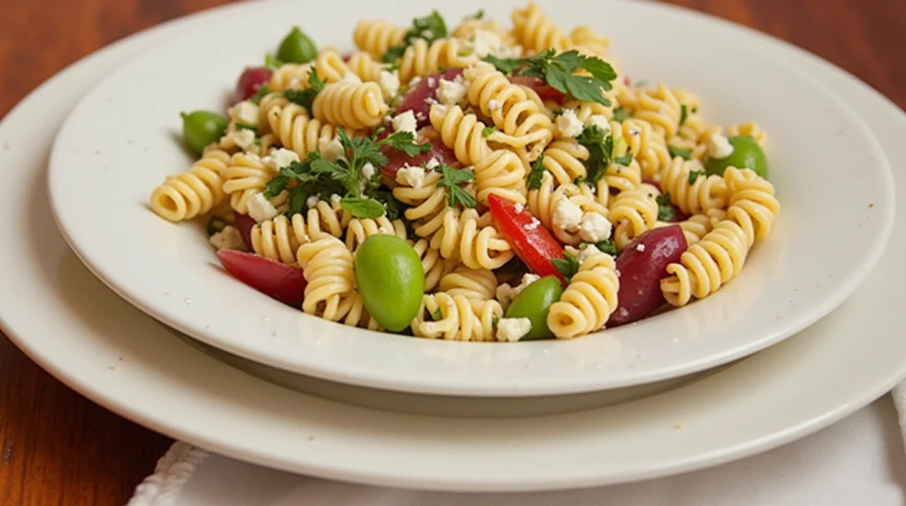Is Pasta Salad Dairy-Free? What To Look For And How To Make It 2 Pasta salad with spinach, cherry tomatoes, and crumbled toppings.