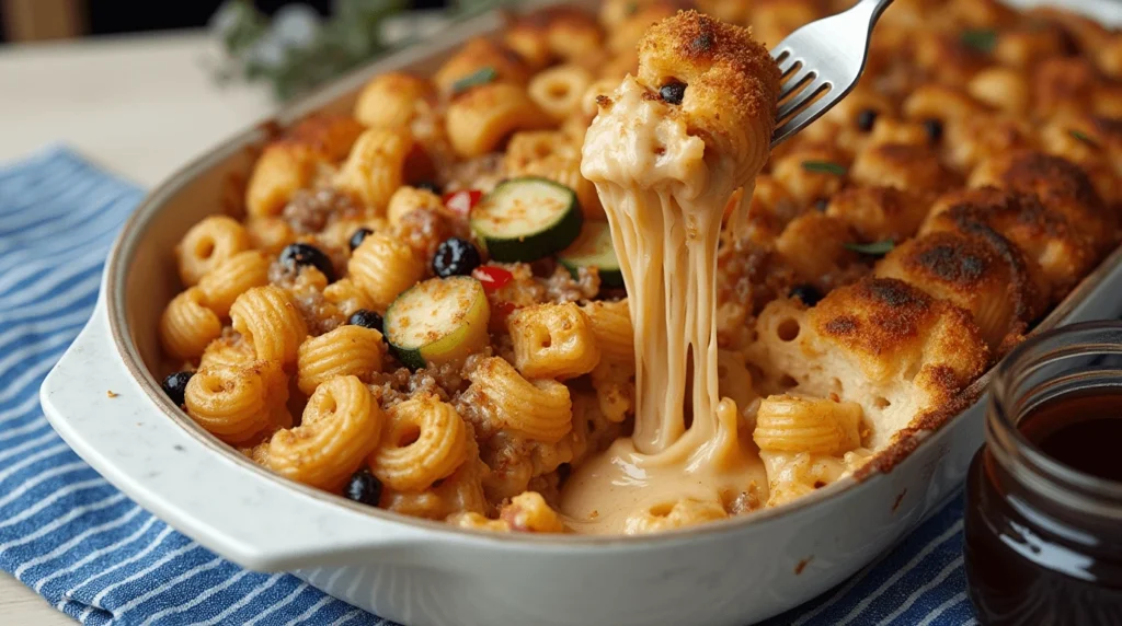 Cavatappi Pasta vs. Other Pasta: Why It’s the Best Choice for Flavor!" 3 A bowl of cavatappi pasta with a creamy sauce, blueberries, zucchini, and ground meat.