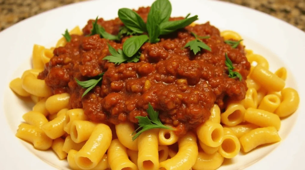 Ditalini pasta with a rich, red sauce and garnished with fresh herbs.