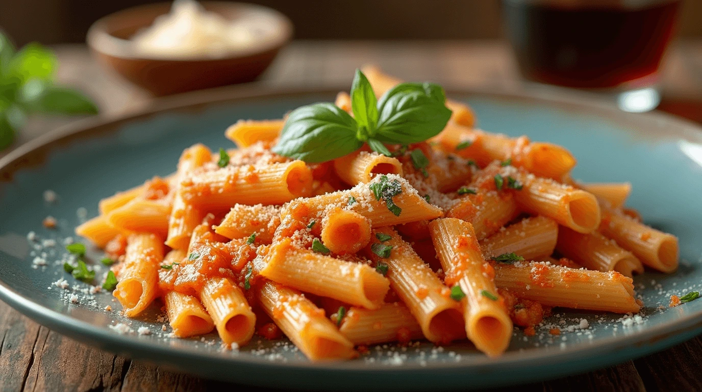 "A beautifully plated tubular pasta dish with creamy sauce, garnished with fresh basil and grated Parmesan, served on a rustic wooden table with a fork, glass of red wine, and small bowl of cheese."