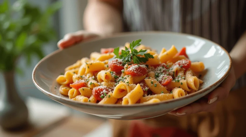 Cavatappi Pasta vs. Other Pasta: Why It’s the Best Choice for Flavor!" 4 A bowl of penne pasta with a tomato sauce and grated cheese, garnished with parsley.