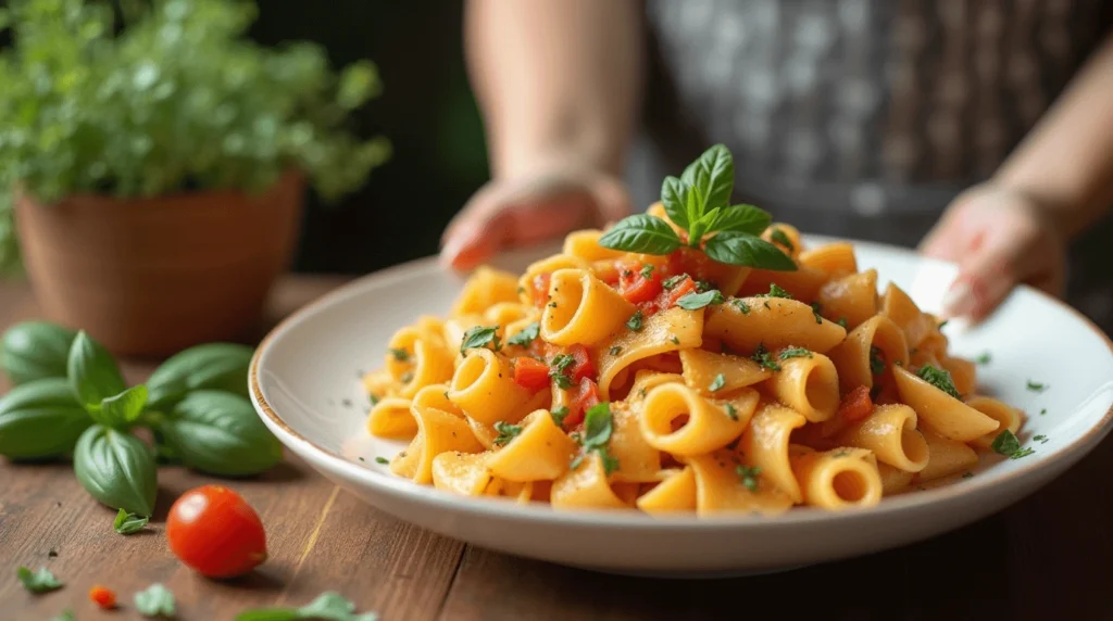 Cavatappi Pasta vs. Other Pasta: Why It’s the Best Choice for Flavor!" 2 Close-up of a bowl of penne pasta with a tomato-based sauce, topped with grated cheese and parsley.