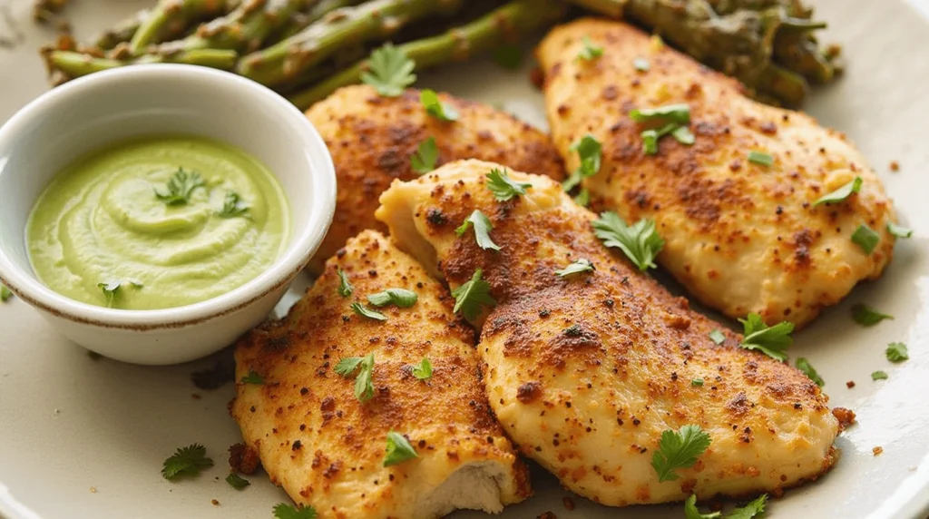 The Best Galena Chicken Recipe – Simple And Full Of Flavor 3 A close-up of a delicious meal featuring perfectly cooked baked chicken tenders with a crispy coating. The tenders are plated alongside a side of roasted asparagus and a small bowl of a vibrant green dipping sauce.