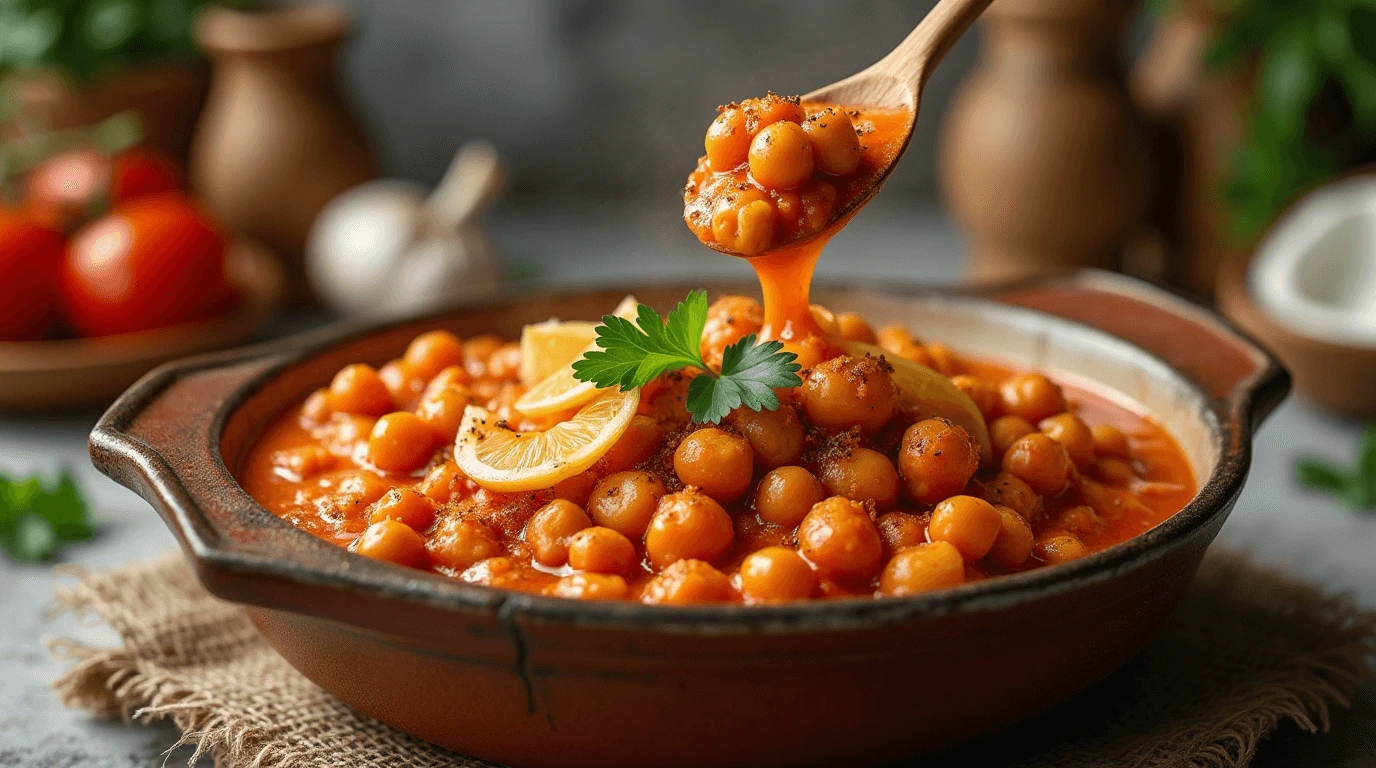 A bowl of Marry Me Chickpeas, a popular vegan dish with a rich tomato sauce and a sprinkle of spices.