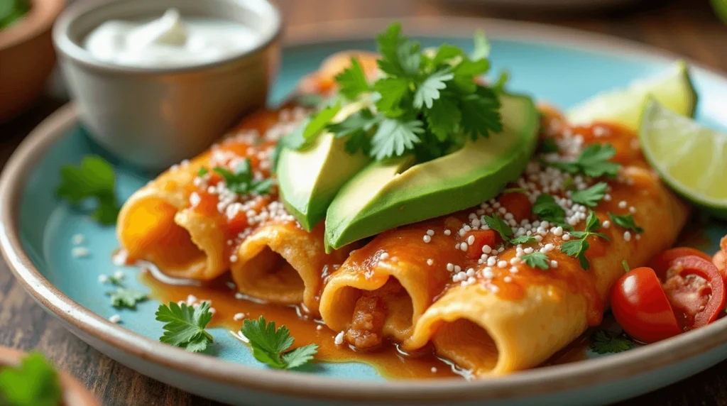 Vegetarian Enchiladas: Savory Secrets To Wow Your Family! 3 A plate of vegetarian enchiladas topped with avocado slices, cilantro, and a drizzle of sauce.