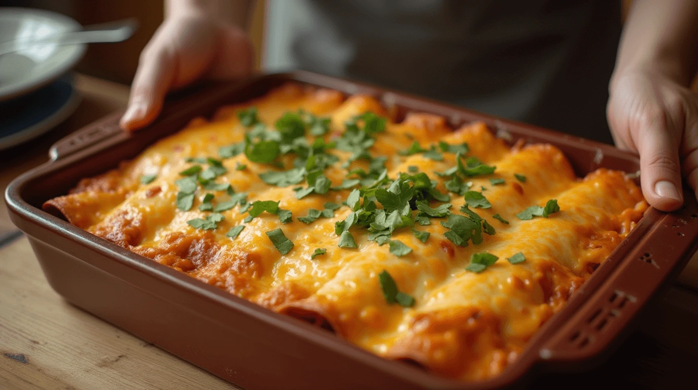 A dish of vegetarian enchiladas with a layer of melted cheese and fresh cilantro on top.