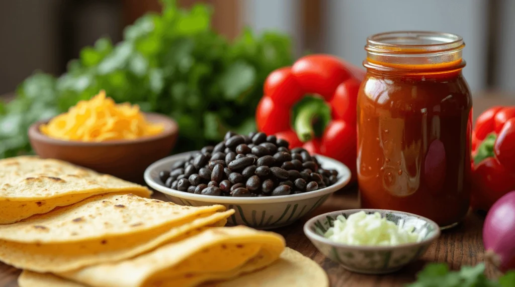 Vegetarian Enchiladas: Savory Secrets To Wow Your Family! 2 A variety of Mexican ingredients including tortillas, beans, and rice.