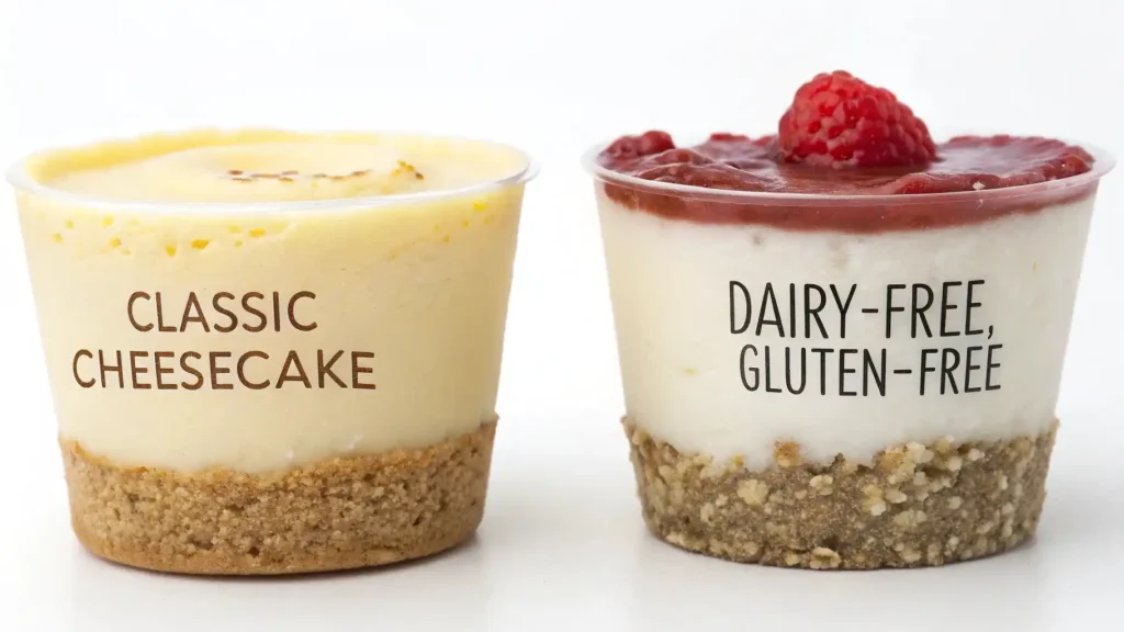 How Do You Make No-Bake Cheesecake Cups That Everyone Will Love? 3 Two cheesecake cups, one labeled "Classic Cheesecake" and the other "Dairy-Free, Gluten-Free," showing a direct comparison of the desserts.