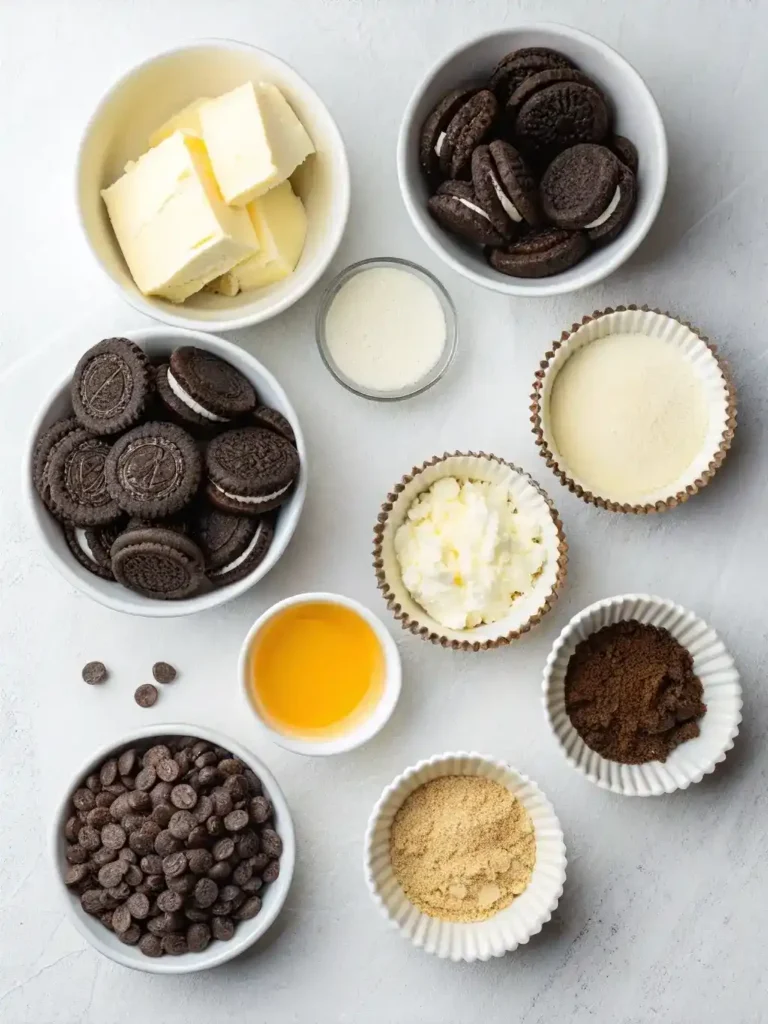 How To Make Delicious Cheesecake Cupcakes: A Step-by-Step Guide 2 Oreo cheesecake ingredients on a light background.