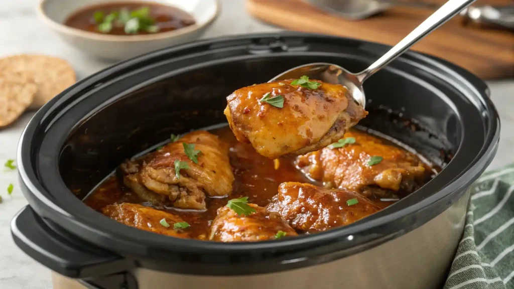How To Make Honey Garlic Chicken: A Step-by-Step Guide 5 Close-up of tender chicken drumsticks in a slow cooker, with a rich sauce.