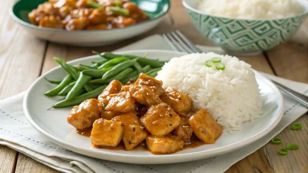 How To Make Honey Garlic Chicken In A Crock Pot Like A Pro 6 "Honey garlic chicken with rice and green beans, glazed in a golden sauce, on a wooden table."