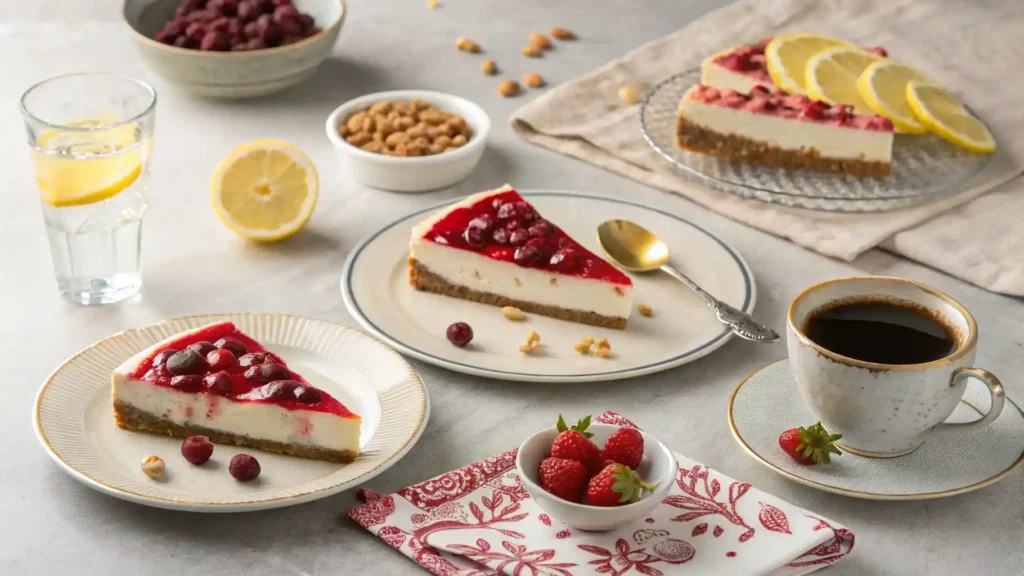 How To Make The Best No-Bake Cherry Cheesecake At Home 5 Two slices of no-bake cherry cheesecake on plates, garnished with cherries and served with coffee and lemon water.