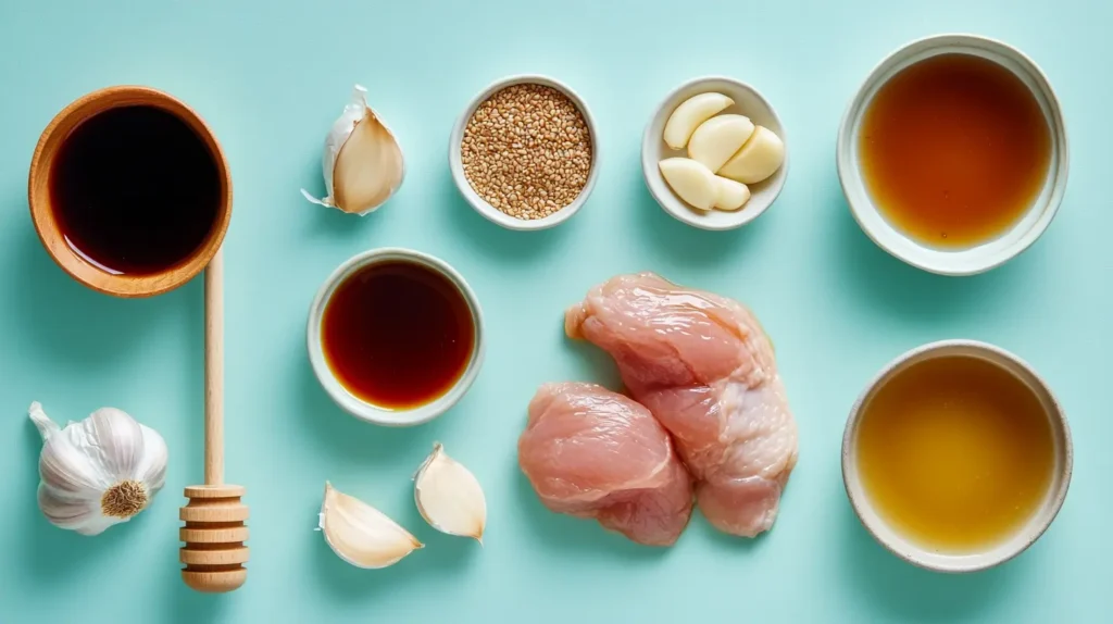 How To Make Honey Garlic Chicken In A Crock Pot Like A Pro 4 Raw chicken pieces with ingredients for honey garlic sauce (soy sauce, honey, garlic, sesame seeds).