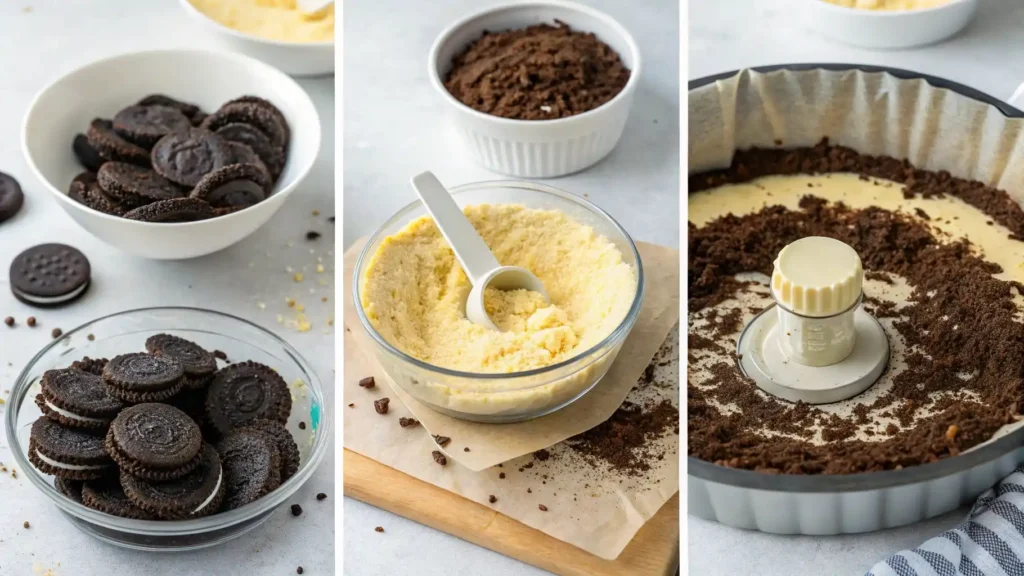 No Bake Cheesecake Filling Made Simple:Your Foolproof Recipe 4 Three-part collage showing no-bake cheesecake crust preparation.