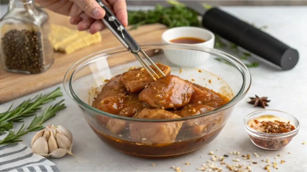 How To Make Honey Garlic Chicken: A Step-by-Step Guide 2 Chicken pieces being marinated in a glass bowl with a dark sauce, alongside garlic, spices, and herbs.