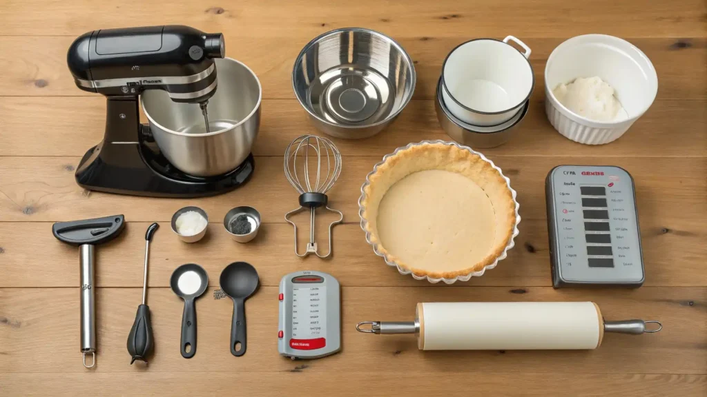 No Bake Cheesecake Filling Made Simple:Your Foolproof Recipe 3 No-bake cheesecake filling in a tart shell with baking tools.