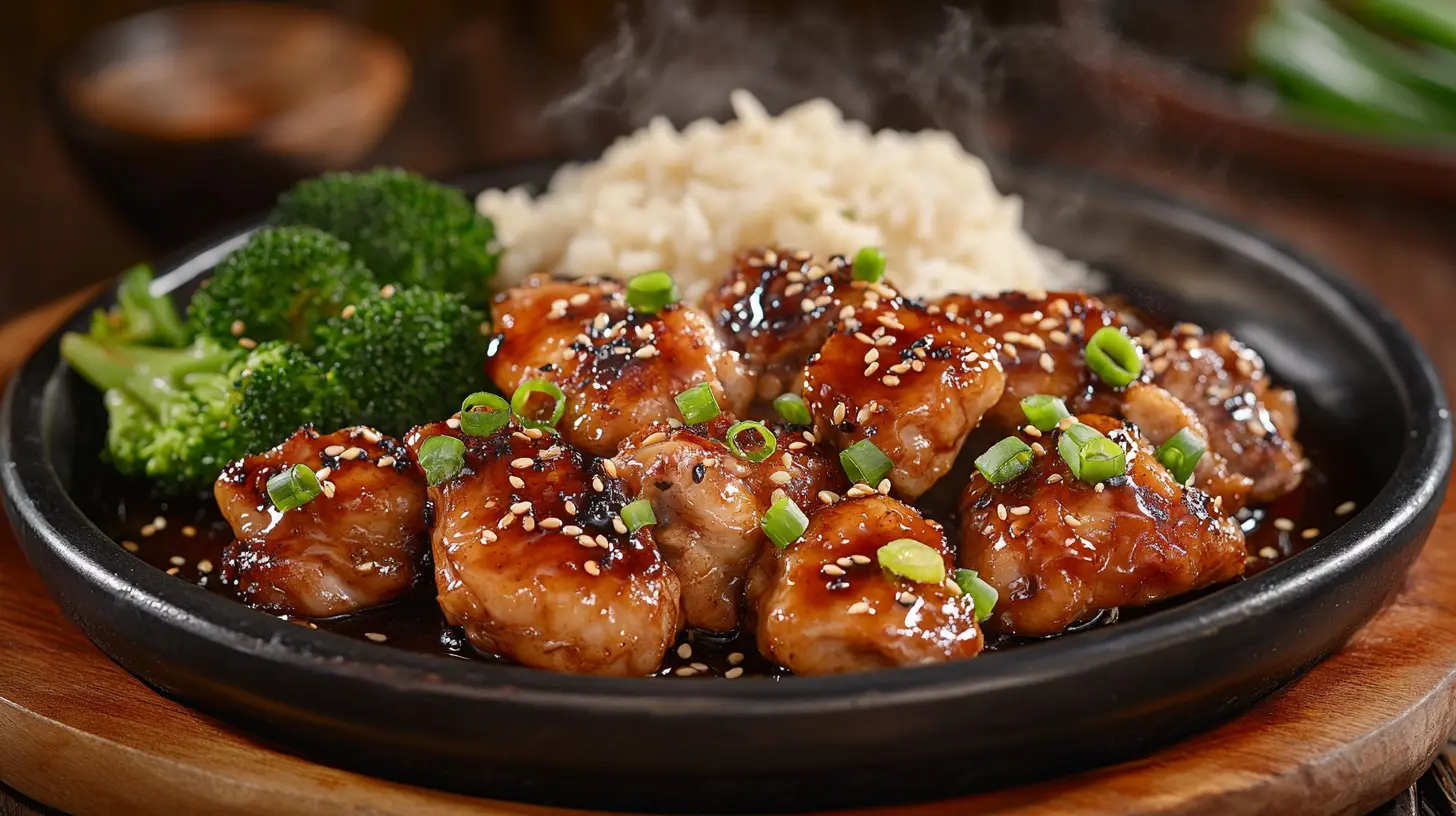 Close-up of honey garlic chicken with rice and broccoli, garnished with sesame seeds and green onions.