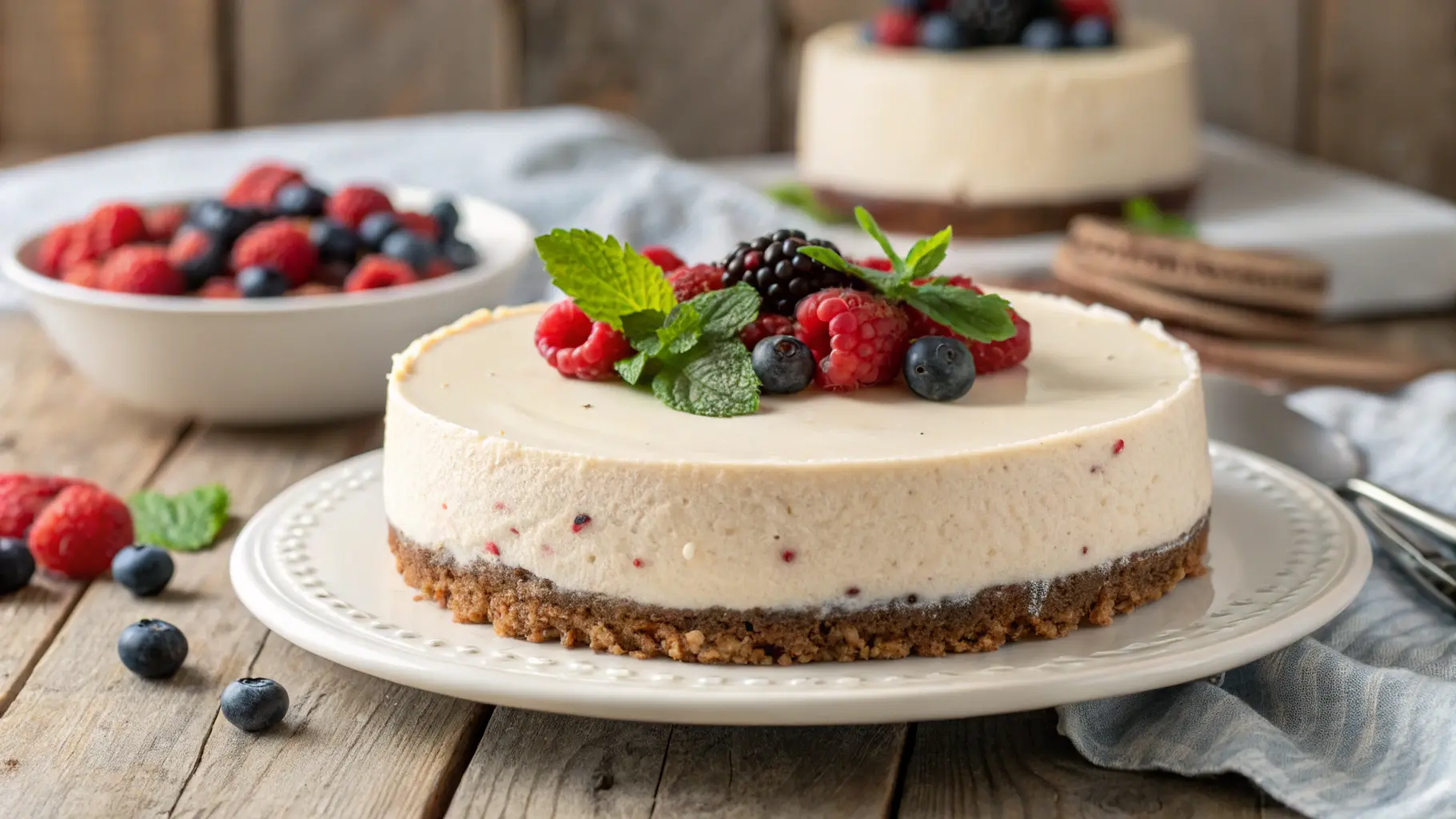No-bake cheesecake filling with berry topping.