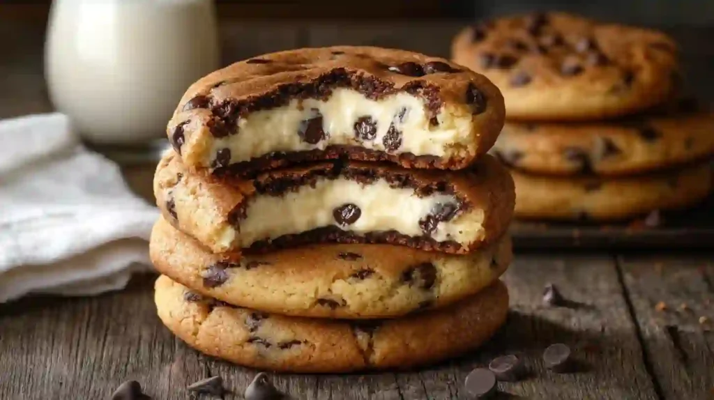 Chocolate Chip Cheesecake Cookies stacked on a wooden surface.