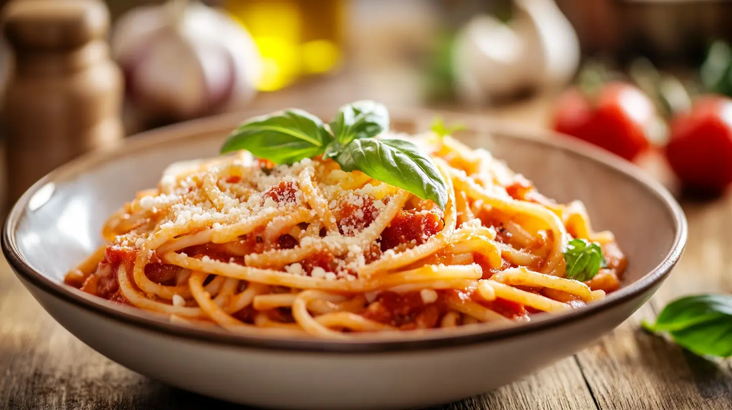 pasta noodles,A delicious plate of spaghetti pasta with tomato sauce, topped with grated Parmesan cheese and fresh basil leaves.
