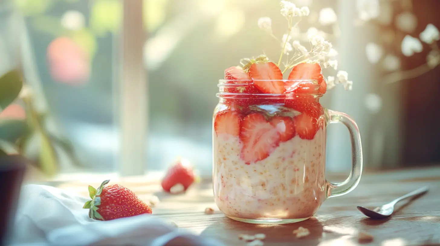 Strawberry cheesecake overnight oats in a glass jar.