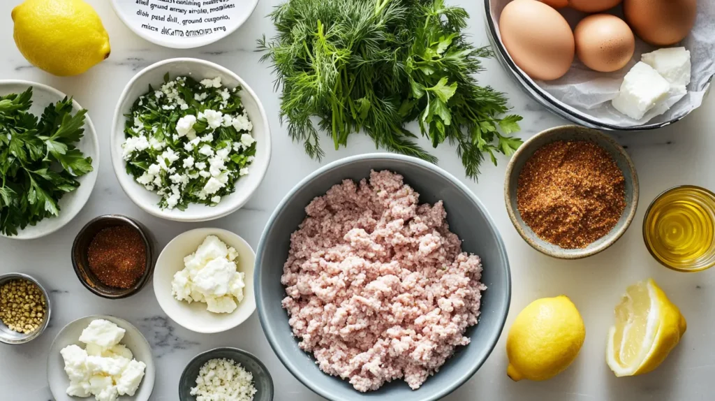 How To Make Greek Chicken Meatballs At Home 2 Ingredients for Greek chicken meatballs laid out on a marble surface, including ground chicken, herbs, feta, eggs, and spices.