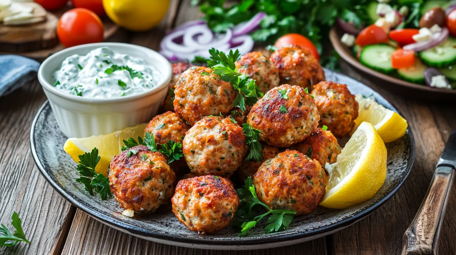 Plate of Greek chicken meatballs with tzatziki sauce, lemon wedges, and parsley on a wooden table.