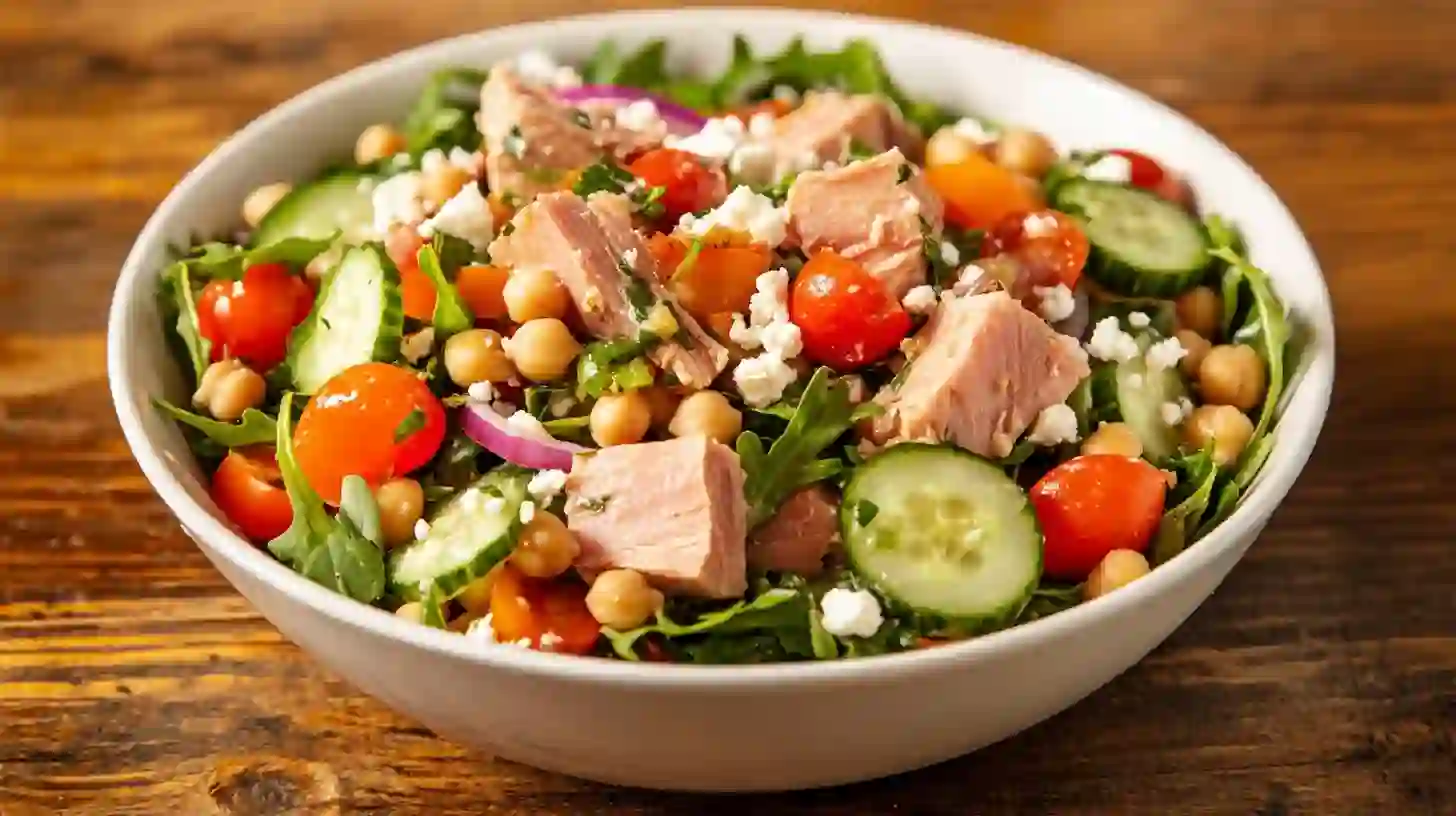 A white bowl filled with a vibrant chickpea tuna salad, featuring chunks of tuna, chickpeas, sliced cucumbers, cherry tomatoes, red onion, and crumbled feta cheese on a bed of greens, set against a wooden background.