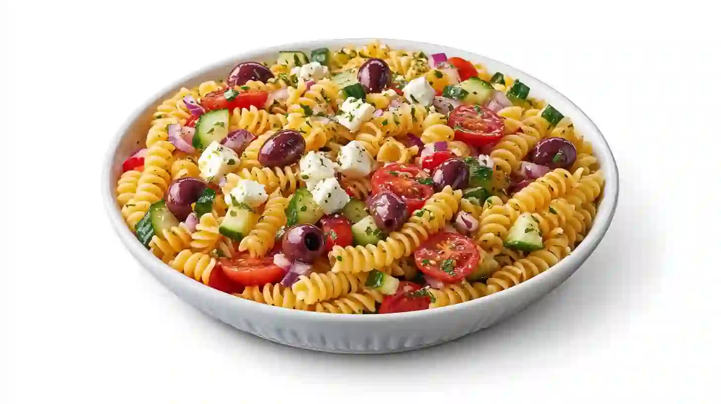 A white bowl filled with Greek pasta salad, featuring fusilli pasta, cherry tomatoes, cucumbers, Kalamata olives, red onion, and feta cheese, set against a plain white background.
