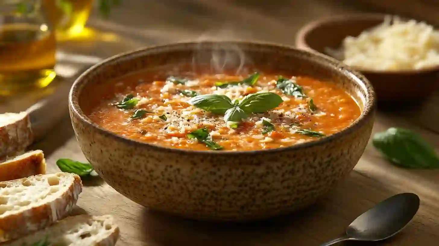A steaming bowl of vibrant red tomato basil soup topped with fresh basil leaves and shredded cheese, accompanied by slices of crusty bread and a spoon.