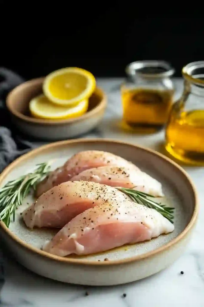 Air Fryer Chicken Breast 2 Three raw chicken breasts seasoned with pepper and garnished with rosemary on a plate, with lemon slices and oil visible in the background.