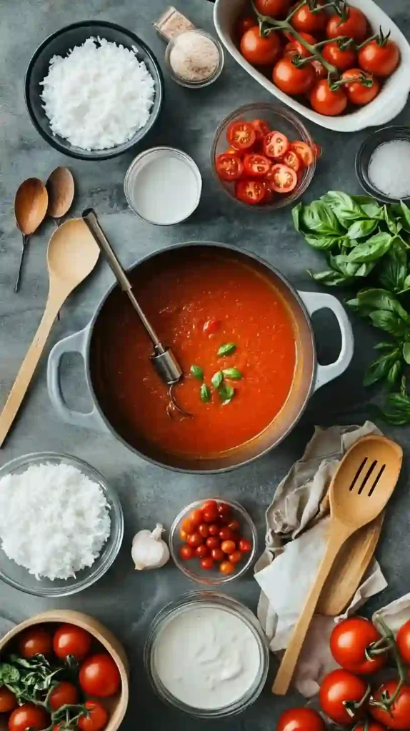 How To Make The Best Tomato Basil Soup From Scratch 2 Overhead view of ingredients and a pot of simmering tomato basil soup on a gray surface.