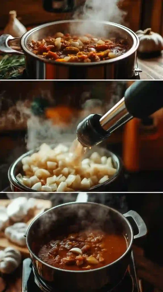 How To Make The Best Tomato Basil Soup From Scratch 3 Three-panel image showing the steps of making tomato soup: sautéing vegetables, blending cooked tomatoes, and simmering the final soup.