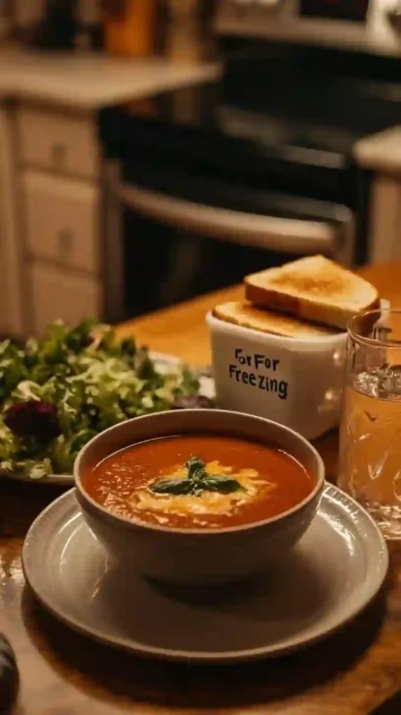 How To Make The Best Tomato Basil Soup From Scratch 4 A bowl of tomato soup with melted cheese and basil, served with a side salad and grilled cheese sandwiches.
