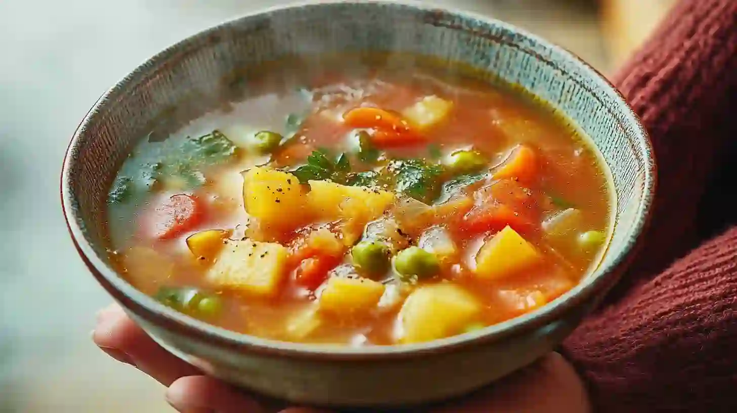 A bowl of steaming vegetable soup with visible carrots, potatoes, peas, and herbs.