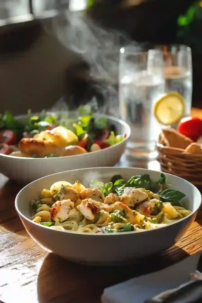 Chicken Pesto Pasta 4 A warm, sunlit scene of a dining table with two bowls of pasta, one featuring chicken pesto pasta with steam rising, alongside glasses of water with lemon and a basket of bread.