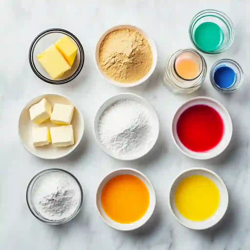 Easy Rainbow Layer Cake For Beginners—Step-by-Step With Photos 2 An overhead flat-lay of neatly arranged baking ingredients on a white marble surface, including blocks and cubes of butter, various white and light brown flours, and small bowls of red, orange, yellow, green, and blue food coloring.