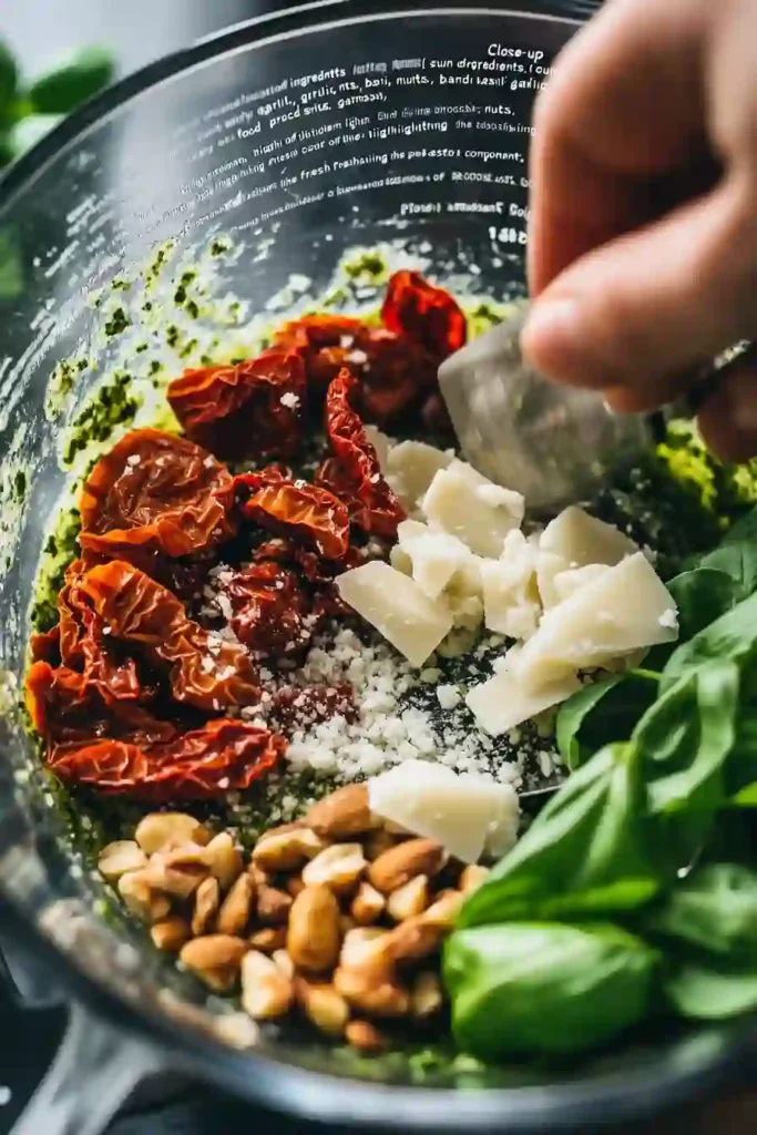 The Best Red Pesto Pasta. 3 Close-up of red pesto ingredients (sun-dried tomatoes, basil, Parmesan, nuts) in a food processor.
