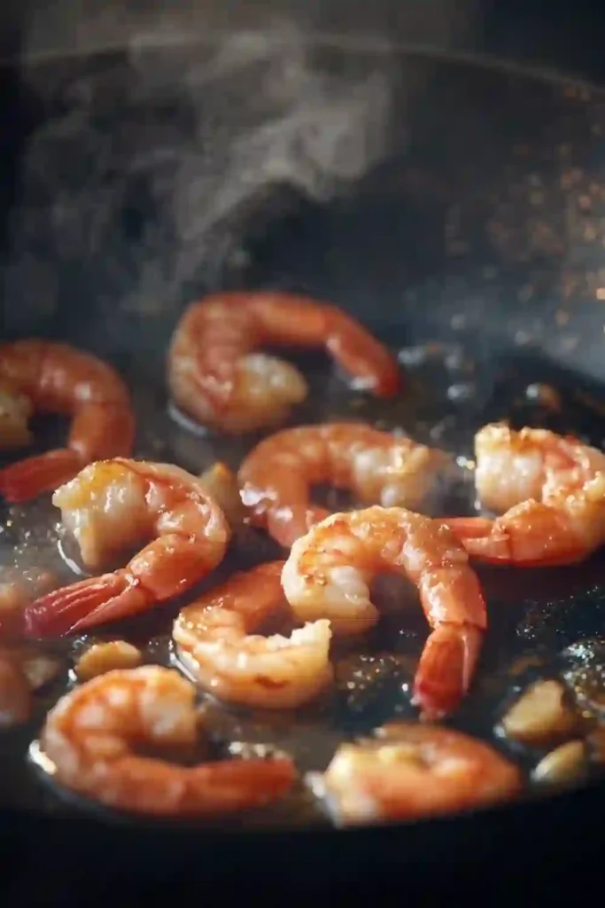 Best Pesto Shrimp Pasta Recipe. 3 Close-up macro view of plump pink shrimp sizzling in a hot pan with garlic.