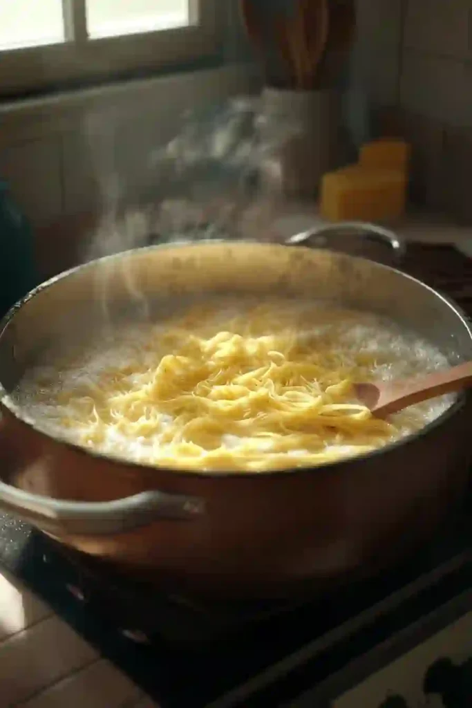 How To Make Perfect Lemon Pesto Pasta (Step-by-Step) 2 Close-up of pasta boiling in a pot on a stove, with steam rising.