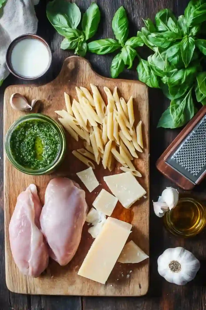 The Best Creamy Pesto Chicken Pasta You'll Ever Make 2 Flat lay of ingredients for creamy pesto chicken pasta on a wooden board