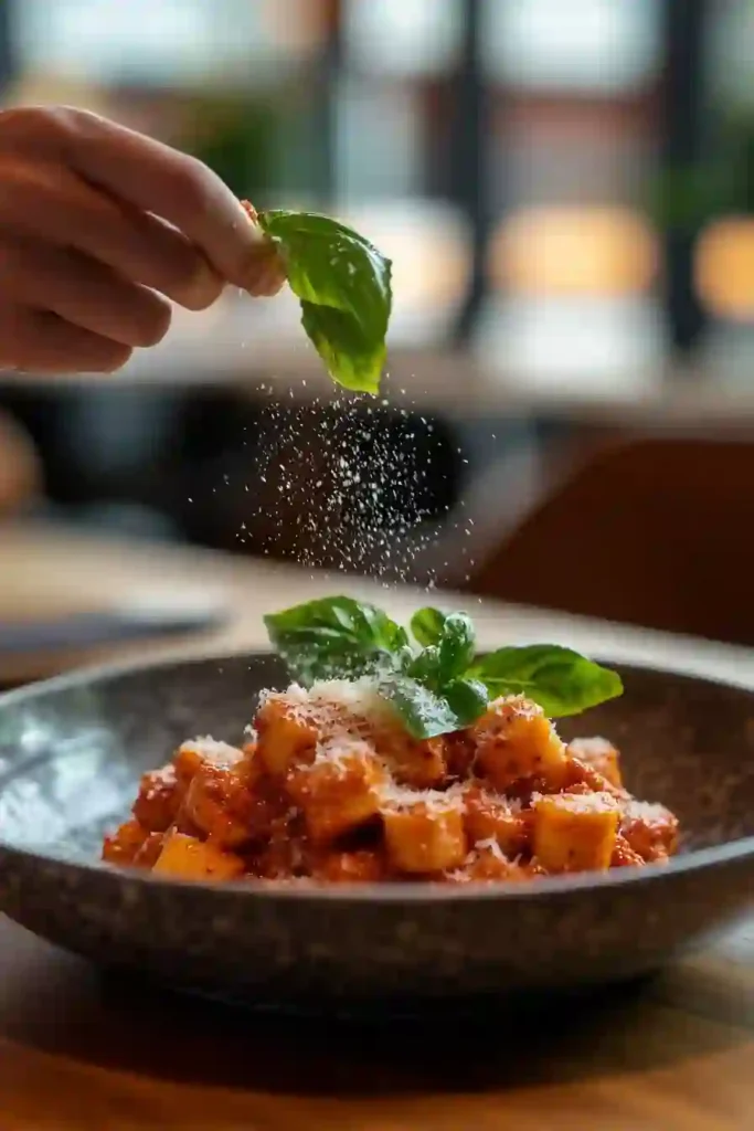 The Best Red Pesto Pasta. 4 Close-up of a bowl of gnocchi with red pesto, being garnished with fresh basil and grated Parmesan cheese.