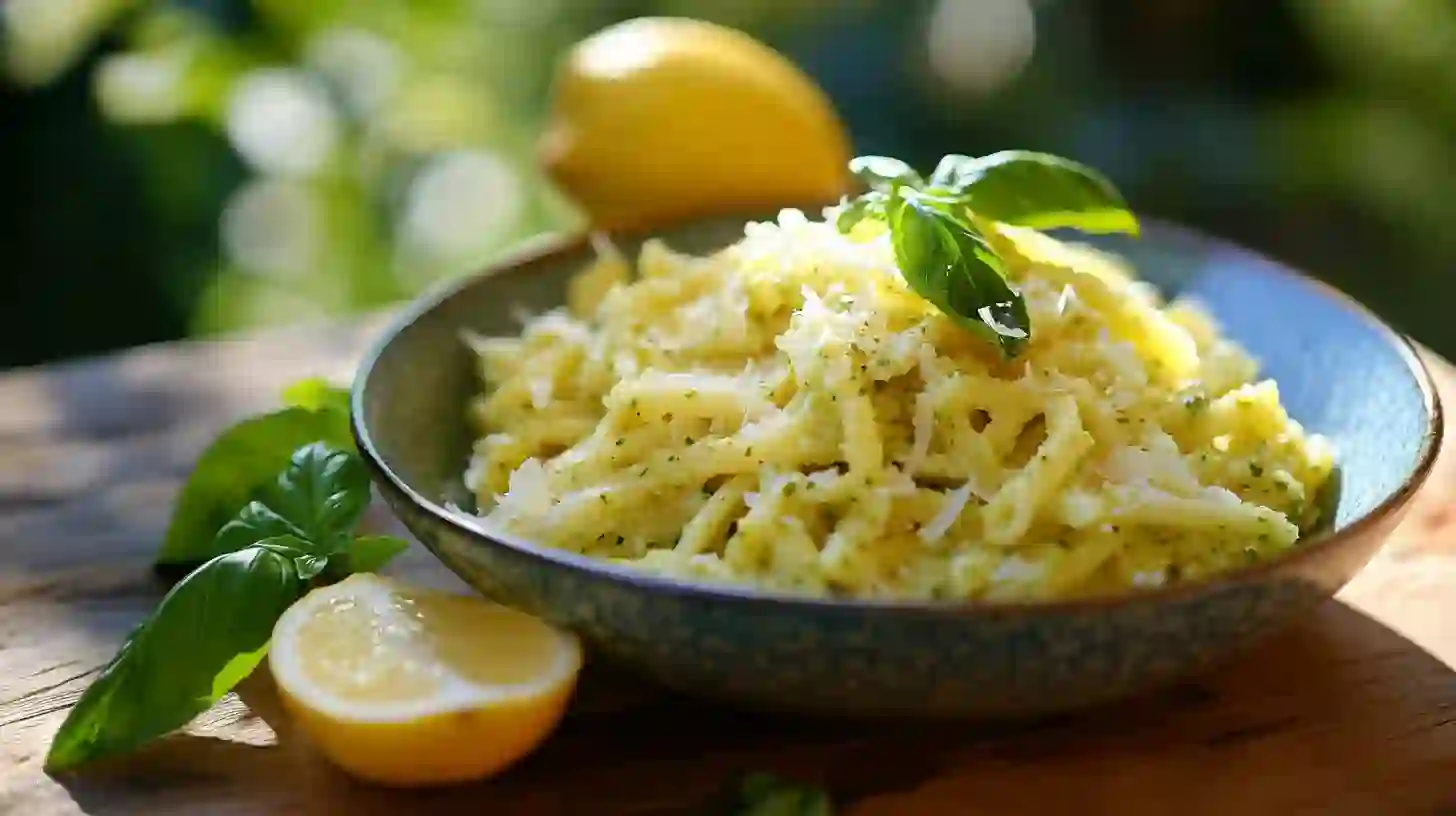 A close-up shot of a bowl of lemon pesto pasta, garnished with basil and grated cheese, with fresh lemons and basil leaves on a wooden surface.