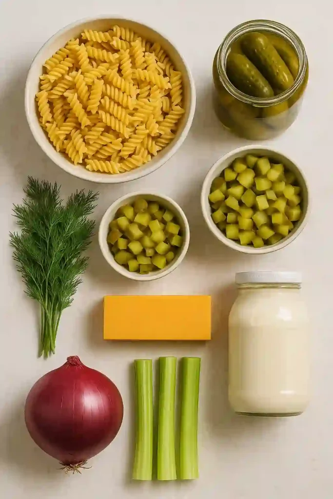 Easy Dill Pickle Pasta Salad You'll Love 2 Flat lay of ingredients for dill pickle pasta salad, including rotini pasta, dill pickles, chopped pickles, fresh dill, red onion, celery sticks, a block of cheddar cheese, and a jar of mayonnaise on a light-colored surface.