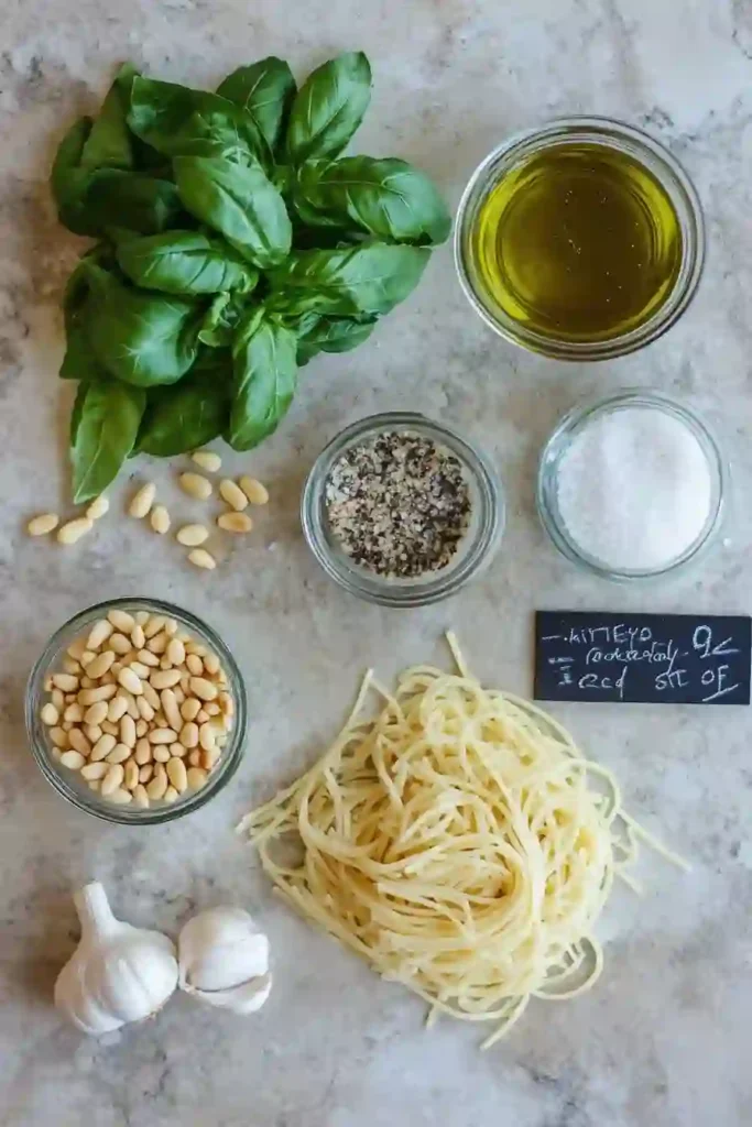 Delicious Pesto Pasta Recipe. 2 Flat lay of ingredients for pesto pasta arranged on a stone countertop, including fresh basil, olive oil, pine nuts, garlic bulbs, salt, pepper, and uncooked spaghetti.